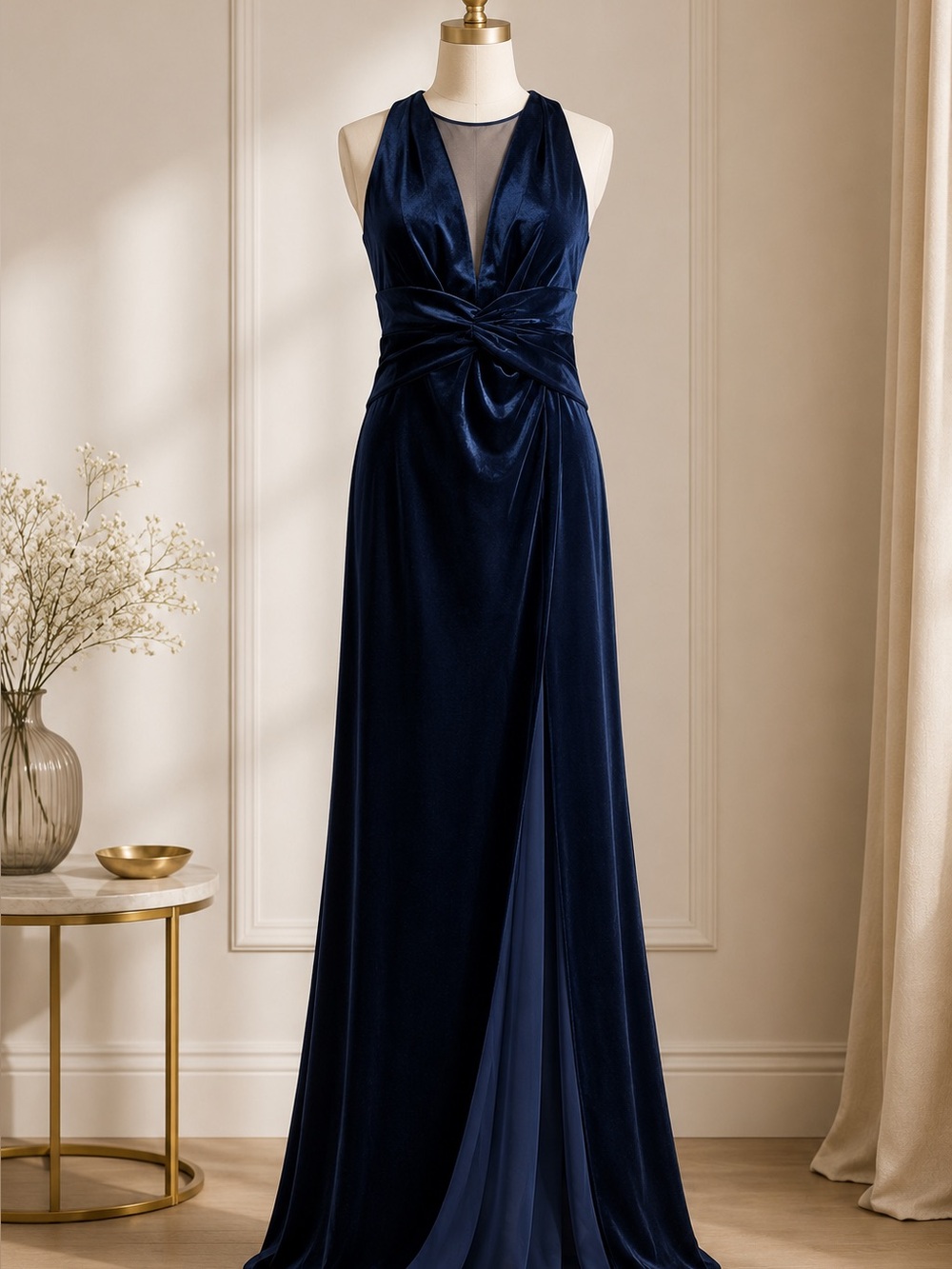 Night Way Collections Blue Halter Tie Front Maxi Gown